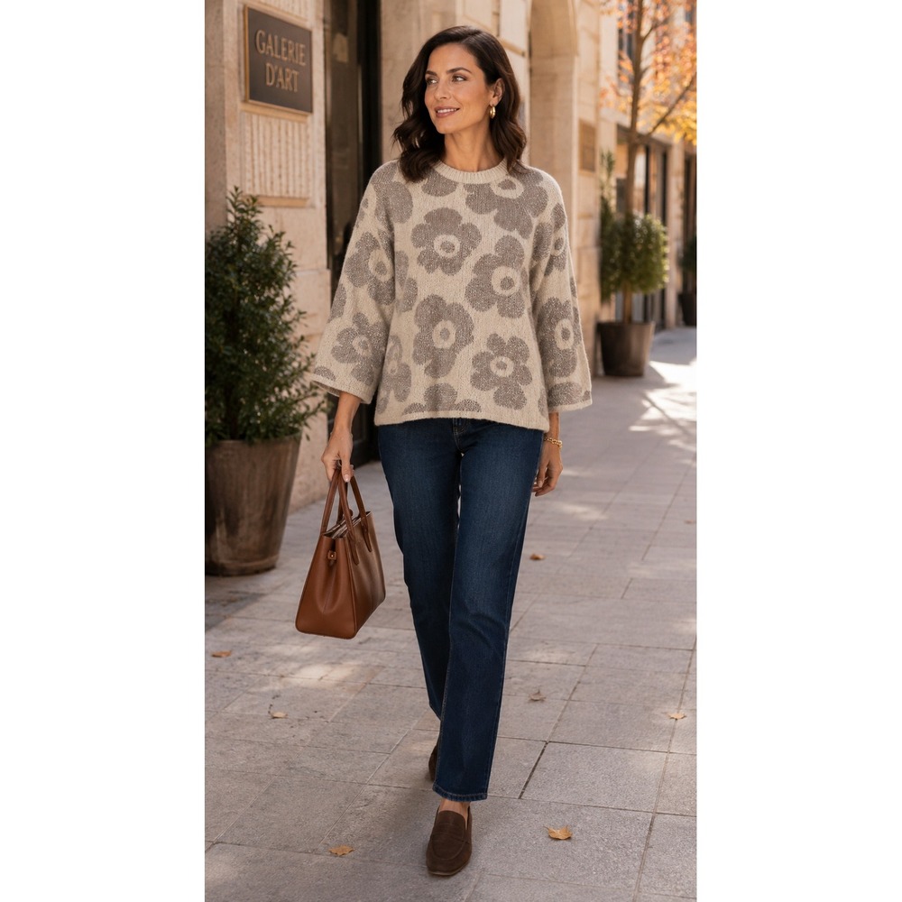 Alessia Santi Floral Jacquard Metallic Knit‎ Boxy Sweater 3/4 Sleeve L